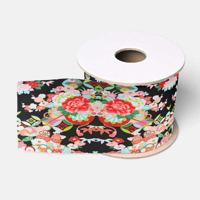 Traditional Japanese Kimono Floral Black Red  Grosgrain Ribbon (Spool)