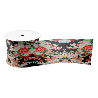 Traditional Japanese Kimono Floral Black Red Satin Ribbon
