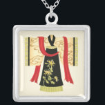 Traditional Japanese Kimono with Floral Print Silver Plated Necklace<br><div class="desc">Nancy Slocum created this charming print of a traditional Japanese Kimono with a deep red sash. The bottom of the kimono is black with a lovely floral print. Give this as a gift,  or purchase it for yourself!</div>