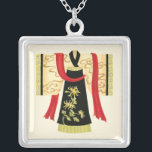 Traditional Japanese Kimono with Floral Print Silver Plated Necklace<br><div class="desc">Nancy Slocum created this charming print of a traditional Japanese Kimono with a deep red sash. The bottom of the kimono is black with a lovely floral print. Give this as a gift,  or purchase it for yourself!</div>