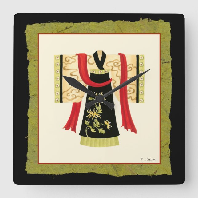 Traditional Japanese Kimono with Floral Print Square Wall Clock (Front)