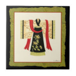Traditional Japanese Kimono with Floral Print Tile<br><div class="desc">Nancy Slocum created this charming print of a traditional Japanese Kimono with a deep red sash. The bottom of the kimono is black with a lovely floral print. Give this as a gift,  or purchase it for yourself!</div>