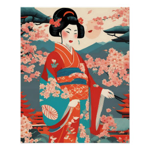 Traditional Japanese Kimono Woman Vintage Art Poster