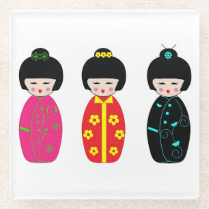 Traditional Japanese Kokeshi Geisha Dolls Glass Coaster