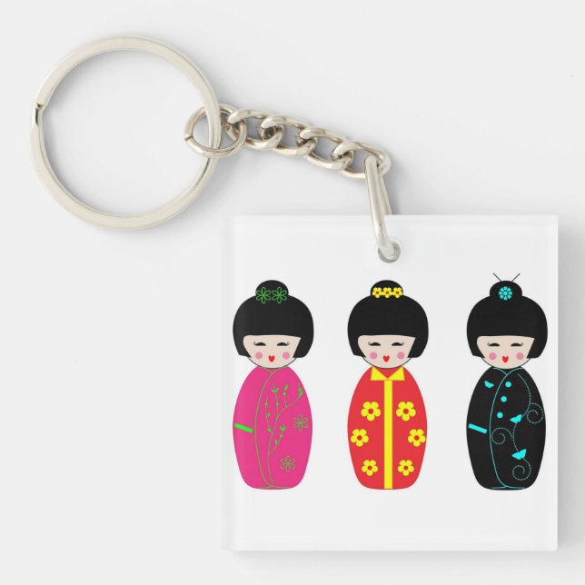 Traditional Japanese Kokeshi Geisha Dolls Keychain (Front)
