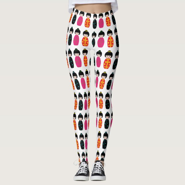 Traditional Japanese Kokeshi Geisha Dolls Leggings (Front)