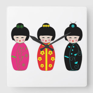 Traditional Japanese Kokeshi Geisha Dolls Square Wall Clock