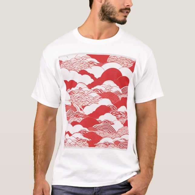 Traditional Japanese Pattern Design Blue Geometric T-Shirt (Front)