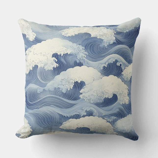 🌊 Traditional Japanese Pattern of Blue Waves 🌊 Throw Pillow (Front)