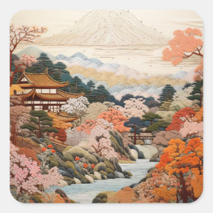 Traditional Japanese Tapestry Art Elegant Design Square Sticker
