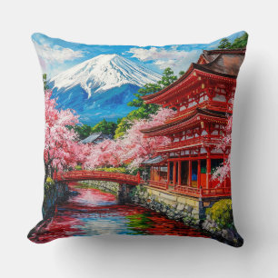 Traditional Japanese Temple with Cherry Blooms Throw Pillow