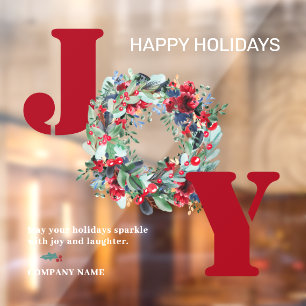 Traditional joy christmas floral wreath red green window cling