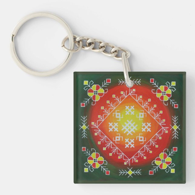 Traditional Latvian folk art with symbols painting Keychain (Front)