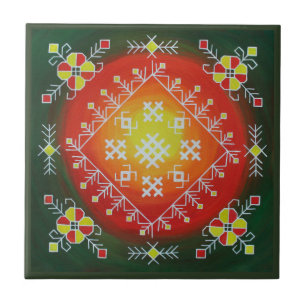 Traditional Latvian folk art with symbols painting Tile
