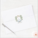 Traditional Leaf Crest w/ Bow | Monogram Wedding Classic Round Sticker<br><div class="desc">The elegant watercolor monogram crest gives this invitation sticker a beautiful and timeless look that any sophisticated bride will love. Personalize this sticker with your initials inside the crest at the top. Colours include, light blue, green, golden yellow and tan. If you have any questions or need help customizing this...</div>
