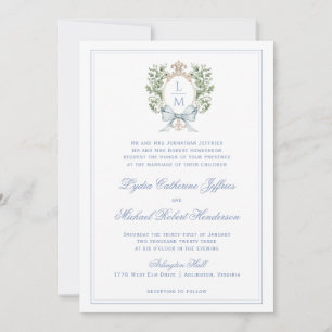 Traditional Leaf Crest w/ Bow Monogram Wedding Invitation