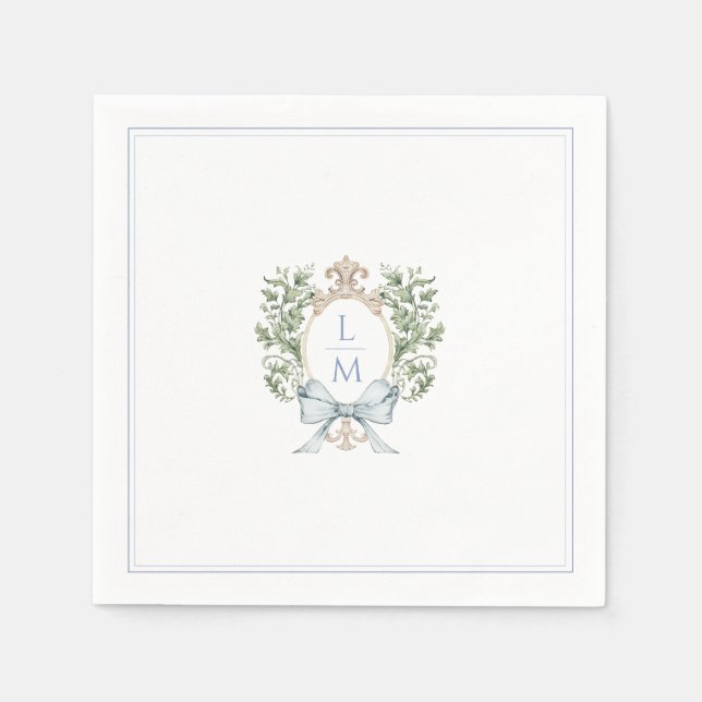 Traditional Leaf Crest w/ Bow | Monogram Wedding Napkin (Front)