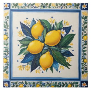 Traditional Lemons Blue Green Yellow White Classic Tile