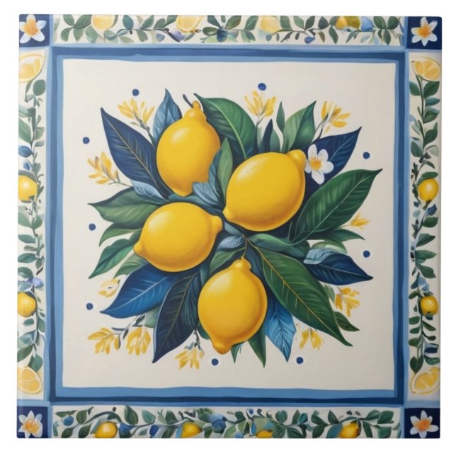 Traditional Lemons Blue Green Yellow White Classic Tile (Front)