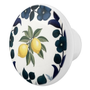 Traditional Lemons Dark Blue and White Floral Ceramic Knob