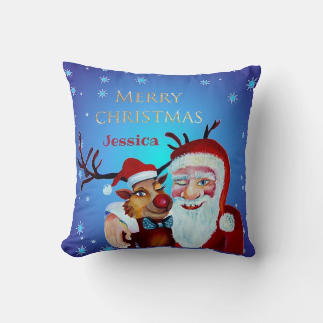 Traditional Magical Santa Claus   Smiling Rudolf Throw Pillow (Front)