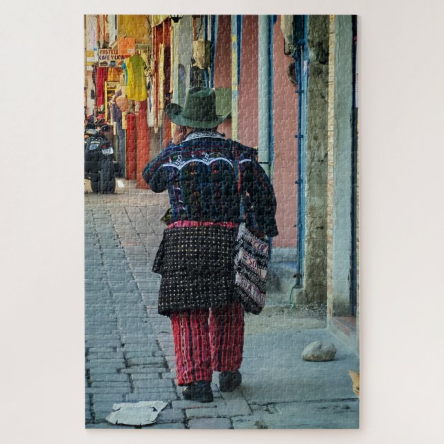 Traditional Man Walking Cobblestone Street Jigsaw Puzzle (Vertical)