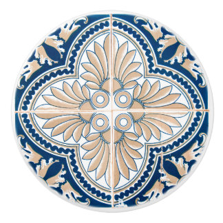 Traditional Mediterranean Blue and Tan Tile Ceramic Knob