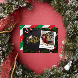 Traditional Merry Christmas, Family Name & Photo Foil Holiday Card