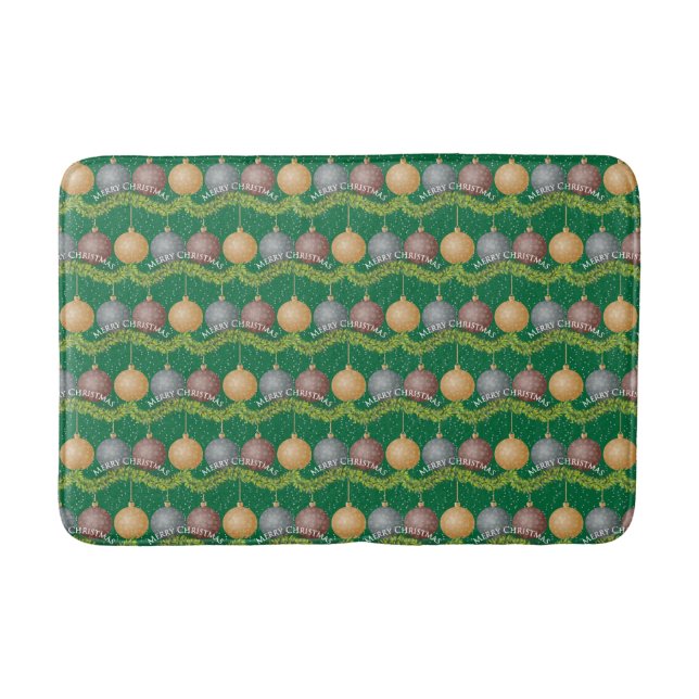 Traditional Merry Christmas green ball ornaments Bath Mat (Front)