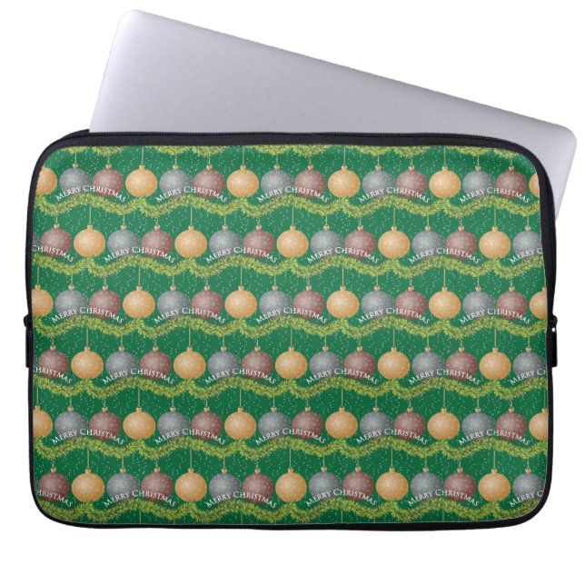 Traditional Merry Christmas green ball ornaments Laptop Sleeve (Front)