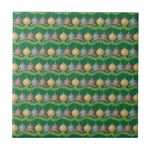 Traditional Merry Christmas green ball ornaments Tile (Front)