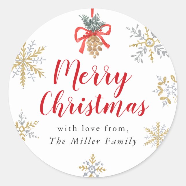 Traditional Merry Christmas Snowflake Gifting Classic Round Sticker (Front)