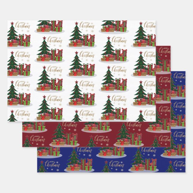 Traditional Merry Christmas Tree Wrapping Paper Sheet (Set)