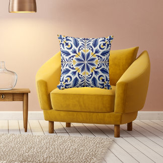 Traditional Mexican "Tiled" Decorative Blue, White Throw Pillow