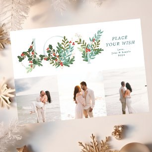 Traditional Mint Leafy Botanical JOY Collage Photo Holiday Card