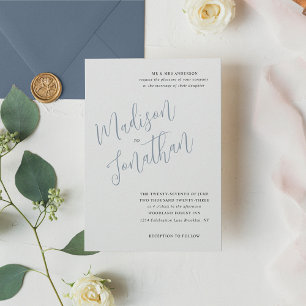 Traditional Modern Script Dusty Blue Wedding Invitation