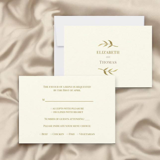 Traditional modern wedding rsvp card  (luxury wedding rsvp card in ivory and gold , with capital text in gold , part of a collection )