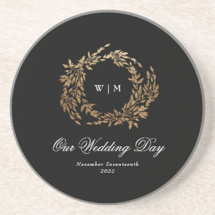 Traditional Monogram Black Crest Classic Wedding Coaster