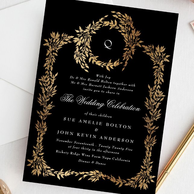 Traditional Monogram Black Crest Classic Wedding Invitation (Creator Uploaded)