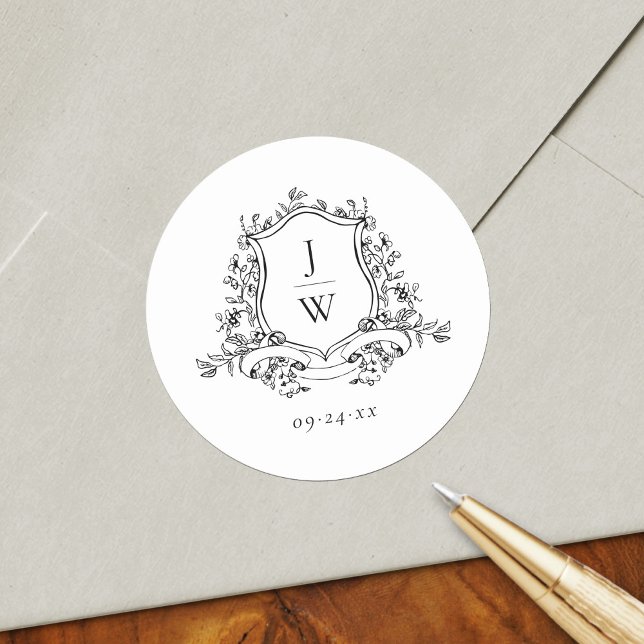 Traditional Monogram Crest Floral Elegant Wedding Classic Round Sticker (Creator Uploaded)