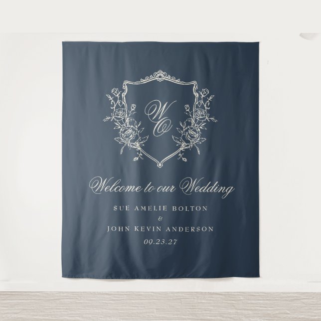 traditional Monogram Crest Navy Blue Wedding Tapestry (Front)