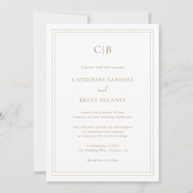 Traditional Monogram Gold All In One Wedding Invitation (Front)