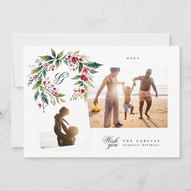 Traditional Monogram Green Wreath photo collage Holiday Card (Front)