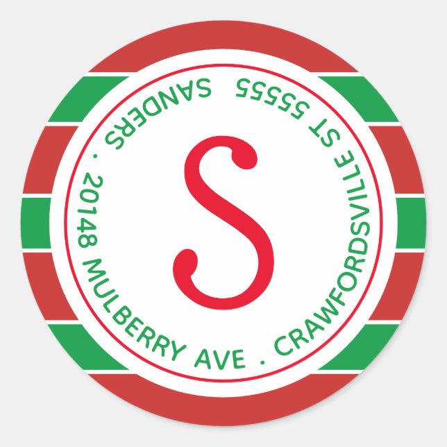 Traditional Monogram Stripes Return Address Classic Round Sticker (Front)