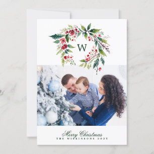 traditional monogram wreath one photo christmas holiday card