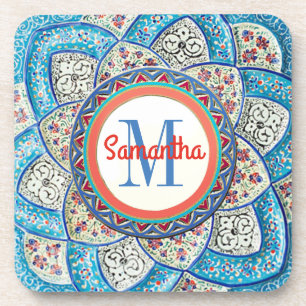 Traditional Moroccan turquoise Blue Monogrammed Coaster