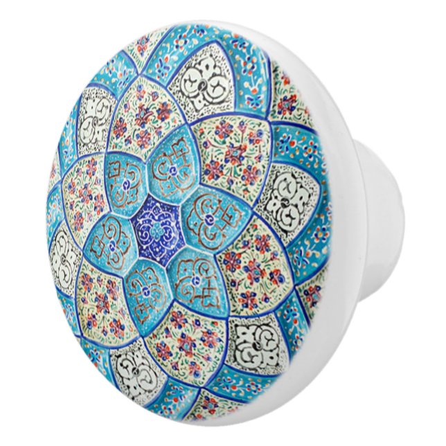 Traditional Moroccan turquoise Blue, white, salmon Ceramic Knob (Right)