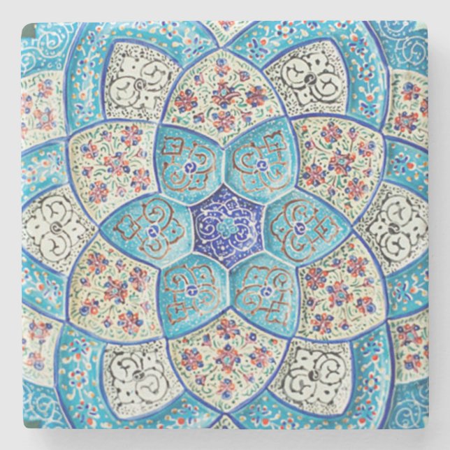 Traditional Moroccan turquoise Blue, white, salmon Stone Coaster (Front)