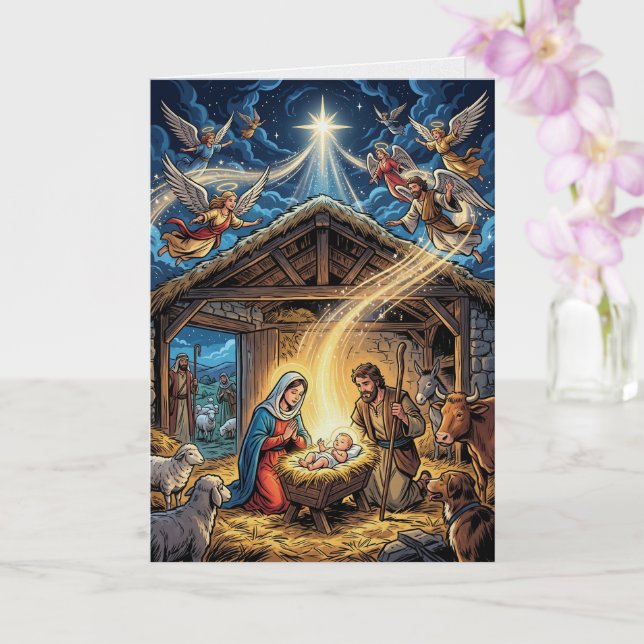 Traditional Nativity Scene Christmas Card  (Orchid)