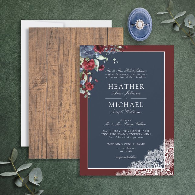 Traditional Navy Blue Burgundy Wood Script Wedding Invitation (Creator Uploaded)
